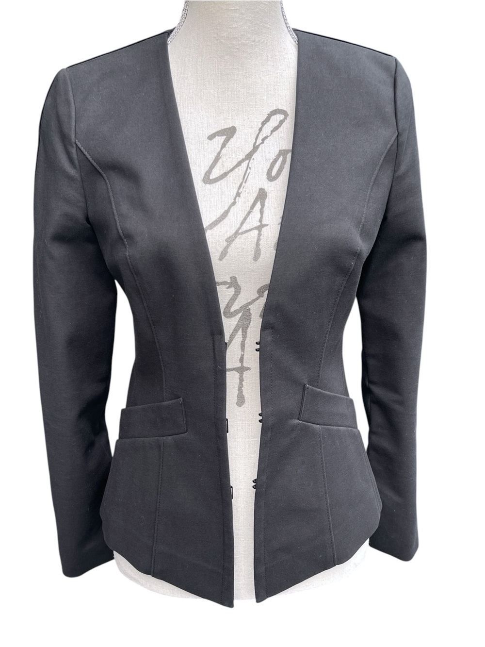 Judith & Charles Black Fitted No Lapel Clip Closure Blazer Jacket (2)